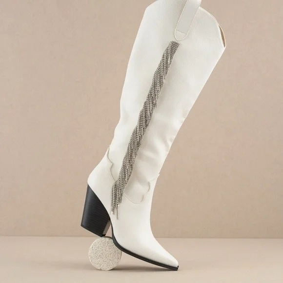 Rhinestone Fringe Knee High Western Boots - Oasis Society